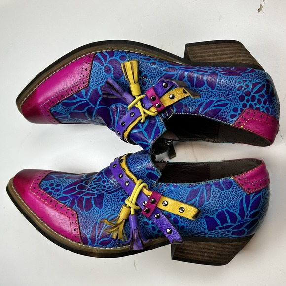 SOFFIA FLOWER-ACCENT GENUINE LEATHER BOOTIES OXFORD SHOE Colorful Unique US 8/9 - Picture 3 of 7